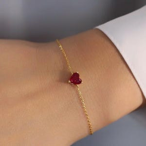 925 Silver Ruby Heart Bracelet: Gold Minimalist CZ Bracelet, July Birthstone Jewellery, Gift for Girlfriend