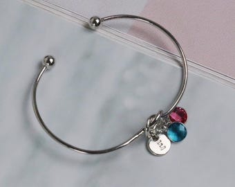 Silver Personalised Knot Initial Open Bangle, Gold Birthstone Charm Bracelet,-Friend-Mum-Sister Bracelet, Birthday Christmas Gift For Her
