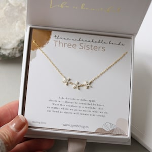 Sterling Silver Three Sister Necklace, Gold Plated CZ Crystal Flower necklace, Dainty Bridesmaid Necklace , Christmas Gift For Her/Sister