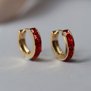 July Birthstone Earrings , Ruby Crystal Huggie Hoops, Swarovski Crystal Earrings, Birthday Gift for Her, Mother's Day Gift Ideas, Gold Hoops