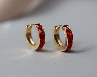 July Birthstone Earrings , Ruby Crystal Huggie Hoops, Swarovski Crystal earrings, Gift for Her/Mum/friend, Christmas Gift, Gold Hoops