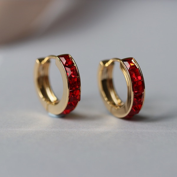 July Birthstone Earrings , Ruby Crystal Huggie Hoops, Swarovski Crystal earrings, Gift for Her/Mum/friend, Christmas Gift, Gold Hoops