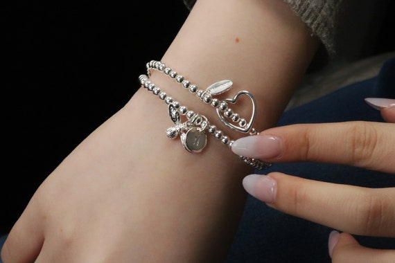 Bracciale Con Iniziale In Argento Per Donna - Acciaio Inox E Amazzonite, Regolabile Con Ciondolo Cuore