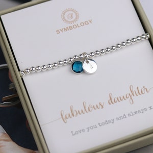 Personalised Initial Bracelet, Sterling Silver Plated Beaded Bracelet, Elastic Birthstone Bracelet, Daughter Gift for Her, Mother's Day Gift