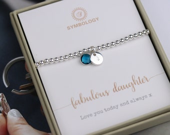 Personalised Initial Bracelet, Sterling Silver Plated Beaded Bracelet, Elastic Birthstone Bracelet, Daughter Gift for Her, Mother's Day Gift