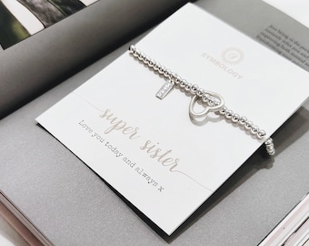Silver Sister Bracelet, Silver Beads Bracelet with Open Heart Charm, Friendship Gift, Wedding Gift Birthday Gift for Her Minimalist Bracelet