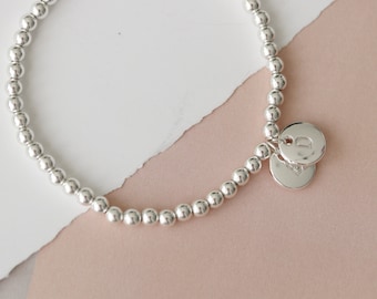 Mother&#39;s Day Gift for Mum, Personalised Initial Bracelet, Silver Plated Beaded Name Bracelet, Letter Bracelet, Birthstone Custom Bracelet