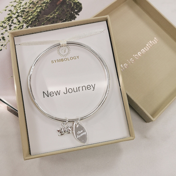 New Journey Bangle with Silver Lotus Charm of Symbology / Silver Sentimental Lotus Bangle for Graduation, New Job, New Life, Encourage Gift