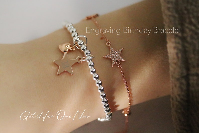 Silver Beads Engraving Bracelet, Personalised Minimalist Bracelet, Birthday Gift for Her, Customised Number Bracelet, 16 18 21 Birthday Gift image 2