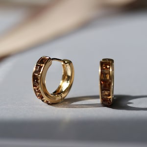 November Birthstone Hoop earrings, Huggies Topaz CZ Crystal Gold Earrings, Mother&#39;s Gift for Her, Minimalist Jewellery, Gift Ideas for Mom