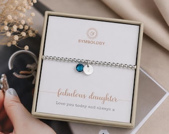 Bracciale personalizzato con iniziale e pietra portafortuna, bracciale con perline placcate in argento 925, regalo per madre e figlia.