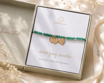 Personalized Auntie Bracelet Gift for Her: Gold Initial Charm, Emerald Gemstone Bangle May Birthstone