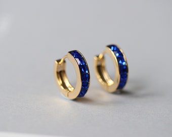 September Birthstone Earrings, Sapphire CZ Crystal Hoops, Gold Swarovski Crystal Hoops Earrings, Birthday Gift for Her, Mother&#39;s Day Gift