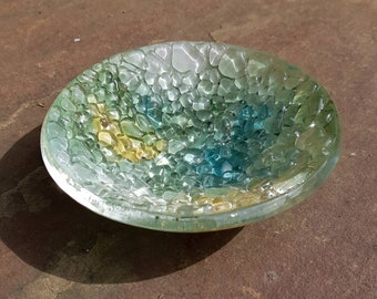 Textured fused glass bowl in green, yellow and white glass. Reverie. Handmade in the UK.