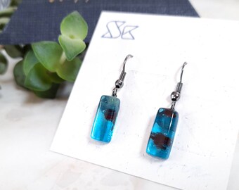 Turquoise blue glass earrings - Rectangle dangly earrings - Fused glass jewelry - Gift for her - Handmade in the UK