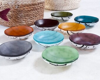 Fused glass mini bowls. Ramekins. Soy Sauce bowls. Glass tableware. Spice bowls. Ring dishes. Perfect for colourful home interiors.