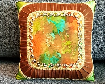 Handmade Vintage Style Pillow: Velvet Pleats, Gold Trim Boudoir Decor
