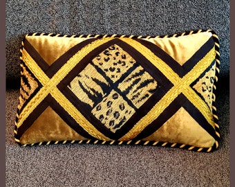 Handmade Velvet Boudoir Pillow: Gold Ribbon & Animal Print Cushion Cover