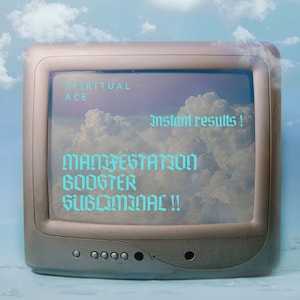 May include: A vintage television screen with a blue sky and white clouds background. The text on the screen reads "Spiritual Ace", "Instant Results!" and "Manifestation Booster Subliminal!!"