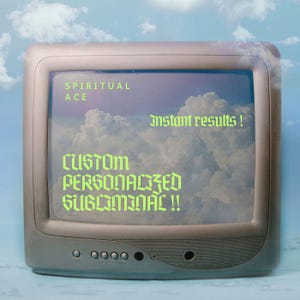 May include: A vintage television screen with a blue sky and white clouds background. The text on the screen reads "SPIRITUAL ACE" and "instant results! CUSTOM PERSONALIZED SUBLIMINAL!!"