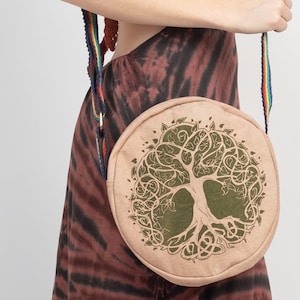Bohemian Round Crossbody Bag | Tree of Life, Celestial & Zodiac Print | Cotton Sling Bag with Zipper | Festival Everyday Style