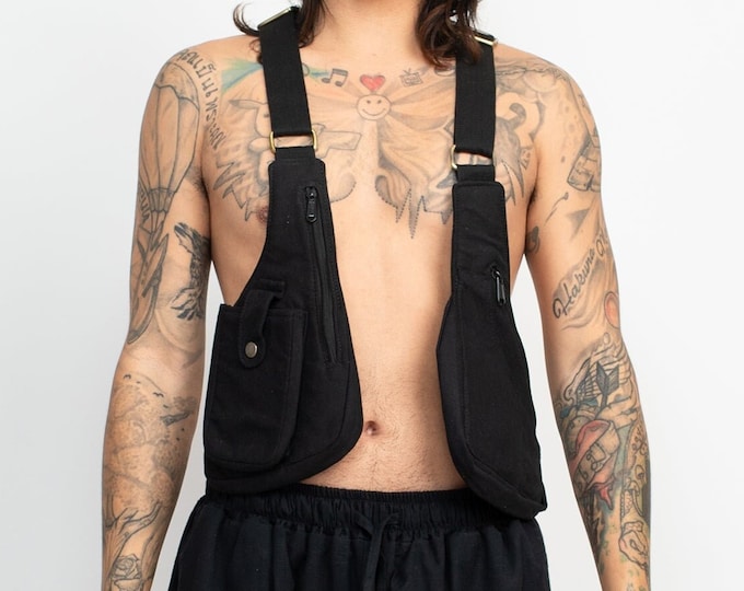 Curved Canvas Festival Vest – Travel Utility Chest Bag – Unisex Crossbody Pouch with Pockets – Boho Hands-Free Hiking Belt Bag