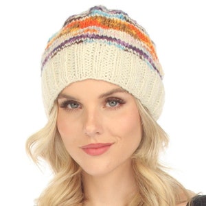 Vibrant Striped Slouchy Beanie, Warm Winter Knit Hat, Fleece Lined Beanie, Colorful Boho Hat, Unisex Wool Beanie, Made in Nepal