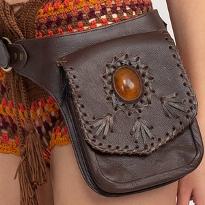 Leather Laced Stone Belt Bag – Handmade Festival Waist Bag with Faux Stone, Zipper Pocket, Boho Utility Hip Belt for Women