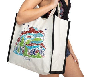 Psychedelic Trippy Boho Tote Bag, Mushroom Celestial Print Cotton Shoulder Bag, Hippie Festival Beach Bag, Bohemian Market Tote