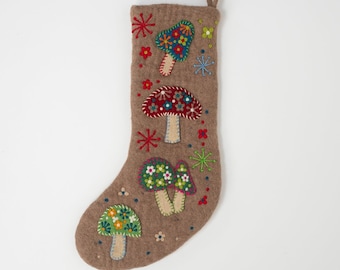 Felt Boho Stocking – Celestial, Mushroom & Cat Design | Handmade Wool Christmas or Yule Stocking | Bohemian Holiday Decor