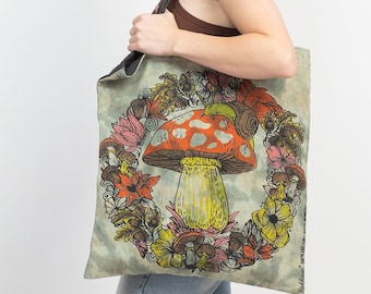 Mushroom Wreath Canvas Tote Bag | Boho Cotton Shopping Bag, Nature Print Eco Tote, Reusable Market Bag, Gift for Her, Handmade in Nepal