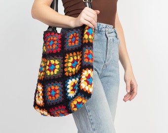 Patchwork Granny Square Shoulder Bag – Boho Crochet Tote with Adjustable Strap | Colorful Knit Purse | Vintage Style Bag with Lining