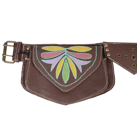 Floral Embroidery Leather Festival Hip Belt Pouch-