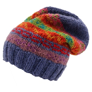 May include: A colorful knit beanie in shades of blue, red, orange, green, and purple. The hat features a ribbed brim and a striped pattern across the crown. This warm winter hat is perfect for cold weather.