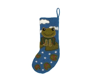 Folk art embroidered felt stockings, frog cat butterfly designs, boho holiday decor, nature-inspired festive decor, handcrafted stocking