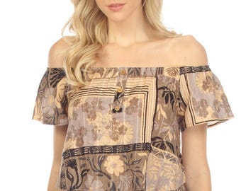 Tropical Patchwork Off Shoulder Crop Top – Boho Summer Cotton Top – Festival Bardot Shirt – Hippie Tube Top – Matching Bottoms Avail