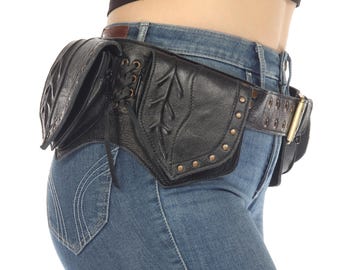 Leather Utility Belt With 3 Pockets – Adjustable Festival  display picture 1