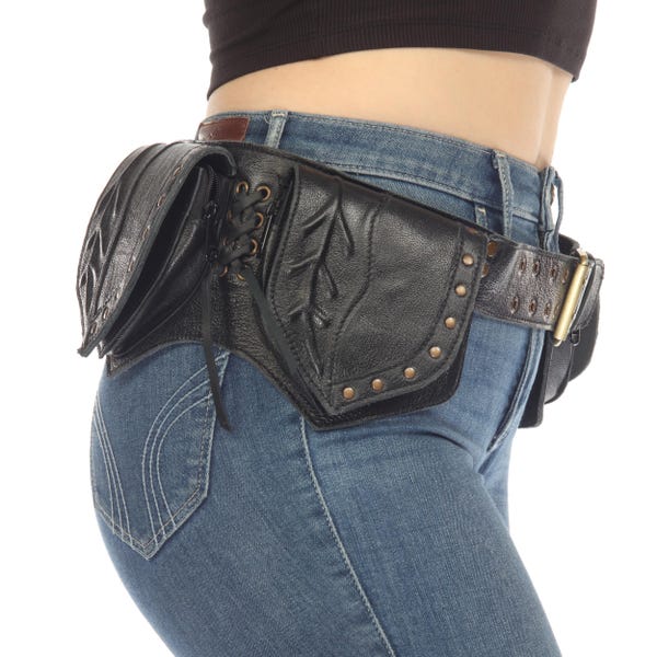 Leaf Leather Utility Belt with Extenders – Boho Festival Waist Bag, Handmade Travel Hip Pouch with Pockets, Hiking Belt for Women