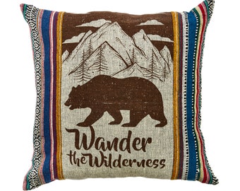 Wilderness Print Rustic Stripe Throw Pillow Boho Cover - Bear or Wolf