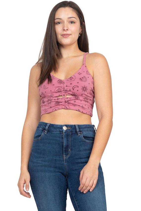 Ruched Yoga Top – Organic Cotton Celestial Tank – Drawstring Bra Crop – Boho Festival Top for Hot Yoga, Beach, Dance Top For Her