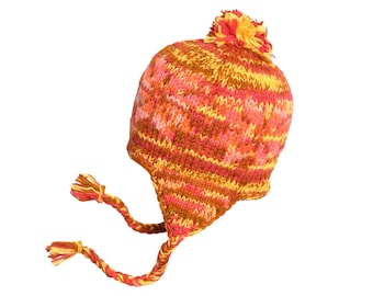Hand Knitted 100% Wool Snowflake Patterned Earflap Snow Himalayan Fleece Lining Winter Beanie with Pom Pom