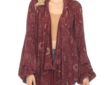 Celestial Flowy Hoodie Waterfall Cardigan | Bohemian Layering Cardigan | Women's Celestial Print | Black & Maroon