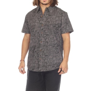 May include: A gray short-sleeved button-down shirt with a mushroom print. The shirt has a relaxed fit and a collar.