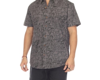 Mushroom Print Cotton Button Down Shirt - Short Sleeve Casual Shirt for Men