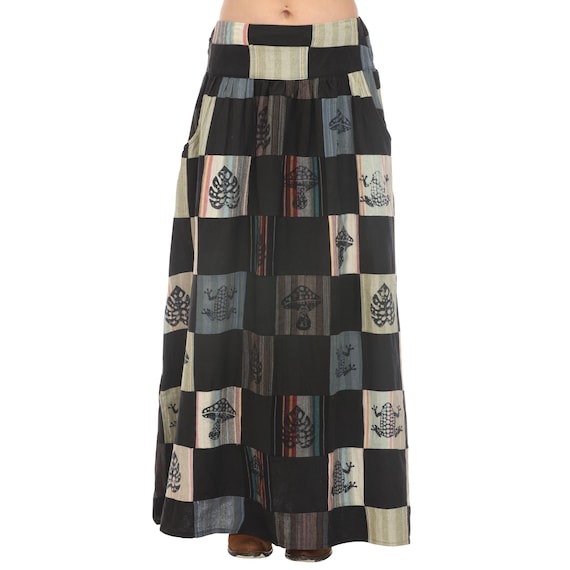 Boho Maxi Patchwork Skirt for Women | Hippie Festival Skirt with Frogs, Mushrooms, Leaves | Cotton Flowy Skirt with Pocket | Handmade Skirt