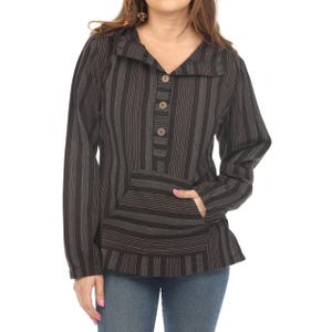May include: A black and pink striped long-sleeved shirt with a hood and a single button placket. The shirt has a kangaroo pocket on the front.