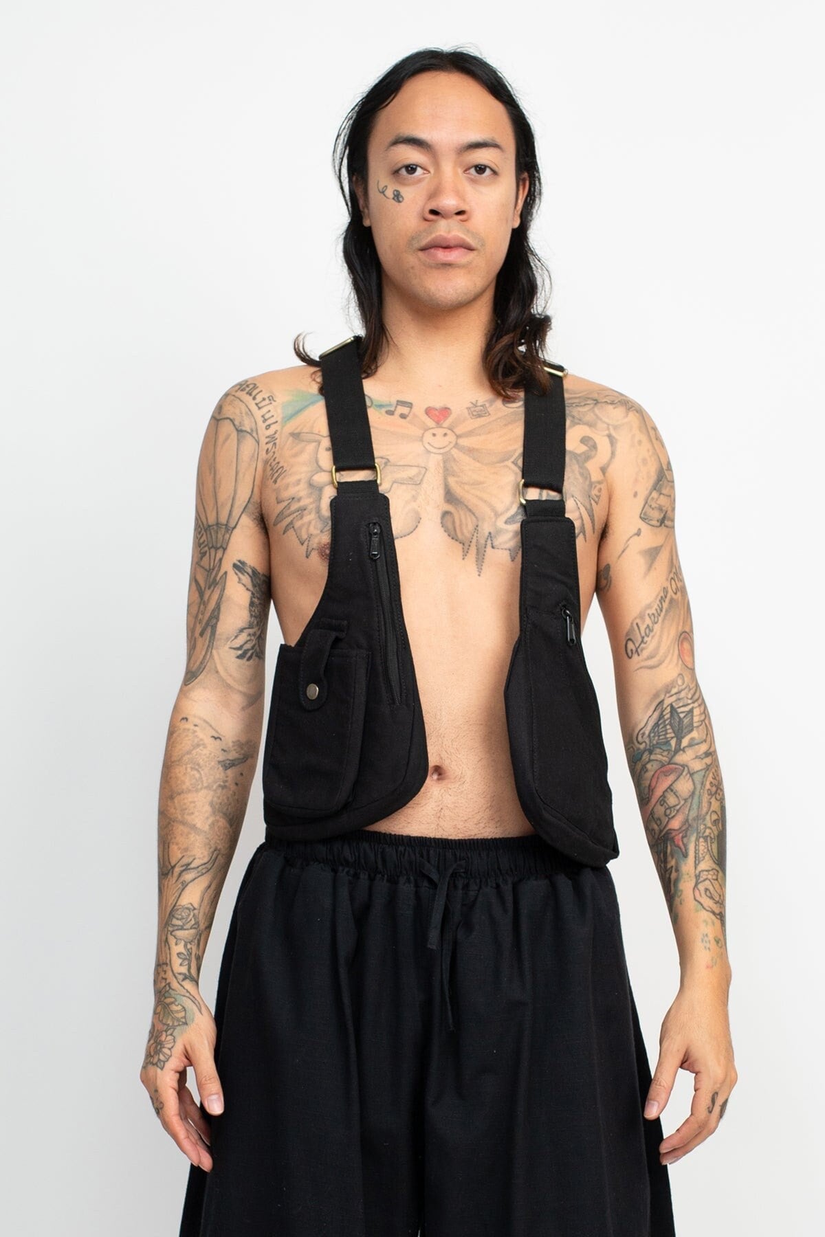 Curved Canvas Festival Vest – Travel Utility Chest Bag – Unisex Crossbody Pouch with Pockets – Boho Hands-Free Hiking Belt Bag