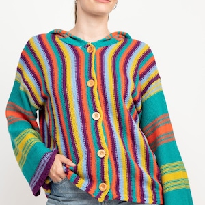 Unisex Striped Knit Sweater Hoodie – Boho Pullover with Buttons | Cozy Acrylic Hooded Jumper | Hippie Festival Sweater | S-XL