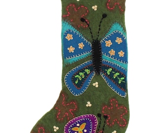 Folk art embroidered felt stockings, frog cat butterfly designs, boho holiday decor, nature-inspired festive decor, handcrafted stocking