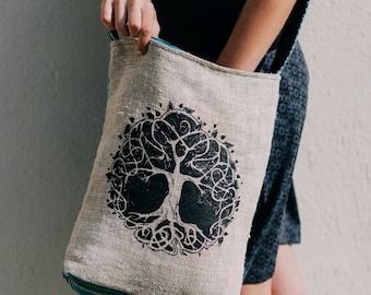 Tree of Life Canvas Crossbody Sling Purse with Tranquil Boho Stripes, Made with Hemp and Cotton, Great For Festivals, Beach, Everyday Wear &